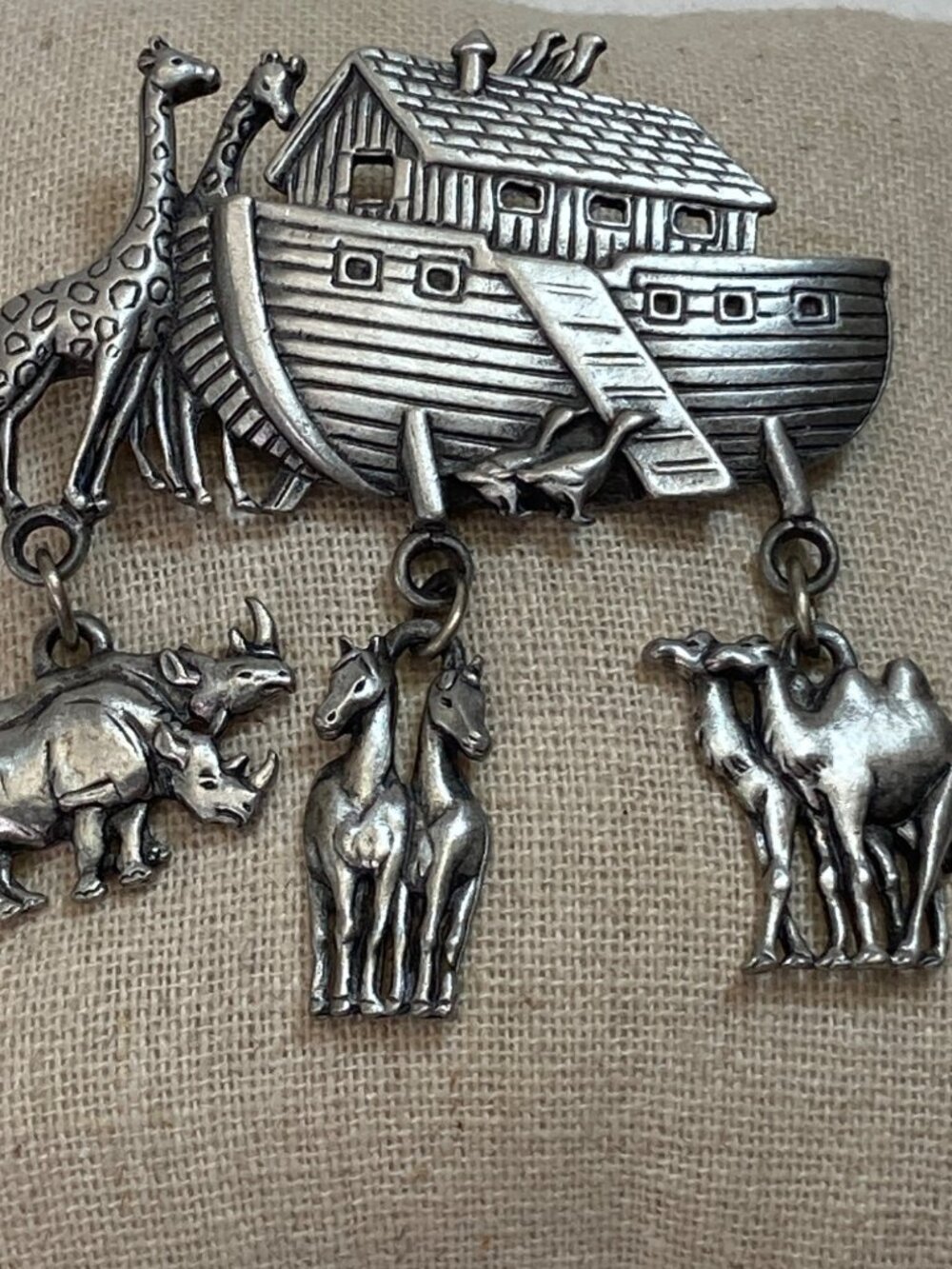 JJ Jonette Pewter Noah's Ark Pin Brooch Amimals Rhino Horse Camel Vintage